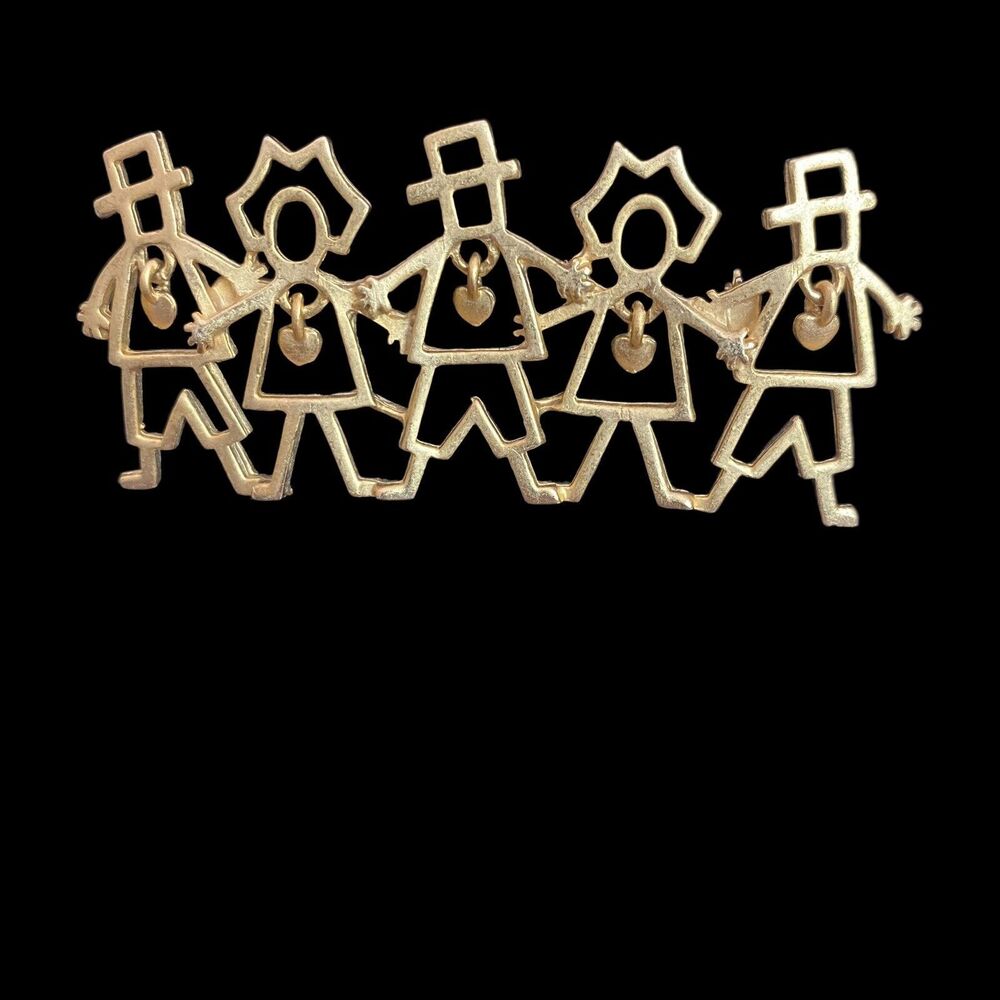 AJC Brooch Pin Figural People Boys Girls Dangle Hearts Goldtone